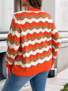 Calvaya Plus Size Front Button Down Long Sleeve Wavy Striped Casual Blouse - Burnt Orange - View 2