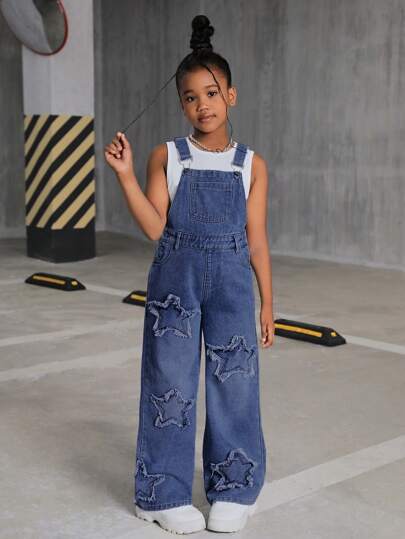 SHEIN Tween Girls' Y2K Casual Stonewashed Frayed Star Pattern Denim Overalls Jumpsuit Without Vest,Tween Girl Back To School Clothes Outfits