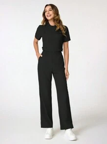 TaskEZ Stand Collar Slim Fit Simple /Nursing Scrub Uniform Set Scrub Set Nurse Dresses Scrub Tops Scrub Bottoms Lab Coats - Black - View 4