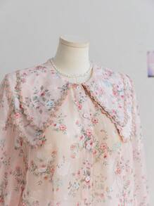 Soleia Women's Plus Size Rose Print Sheer Layered Frill Trim Long Sleeve Blouse, Suitable For Vacation, Autumn/Winter, Valentine's Day