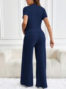 SHEIN Pregnant Women Plain Round Neck Short Sleeve Casual Top And Pants Set - Navy Blue - View 2