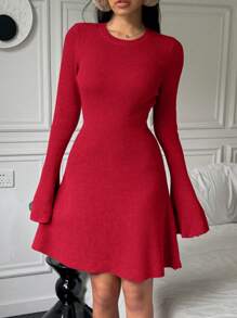 CovetEZ Women Short Solid Color Round Neck Long Sleeve Casual Dress