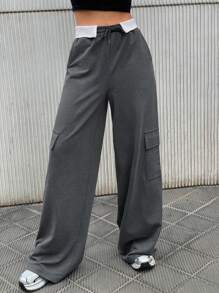 EURMUSE Women's Patchwork Elastic Waist Drawstring Cargo Pocket Casual Sports Sweatpants