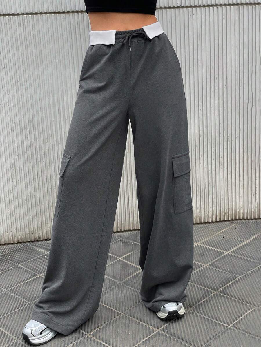 EURMUSE Women's Patchwork Elastic Waist Drawstring Cargo Pocket Casual Sports Sweatpants