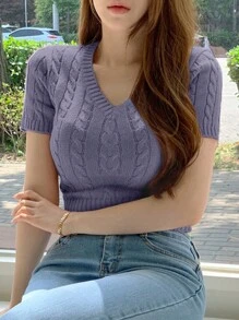 DAZY Women V-Neck Cable Knit Short Sleeve Crop Top, Light Grey-Purple, Spring/Summer