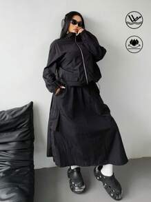 Flirla Plus Size Casual Sports Solid Color School Uniform Style Jacket And Mini Skirt 2 Pieces Set - Black - View 1