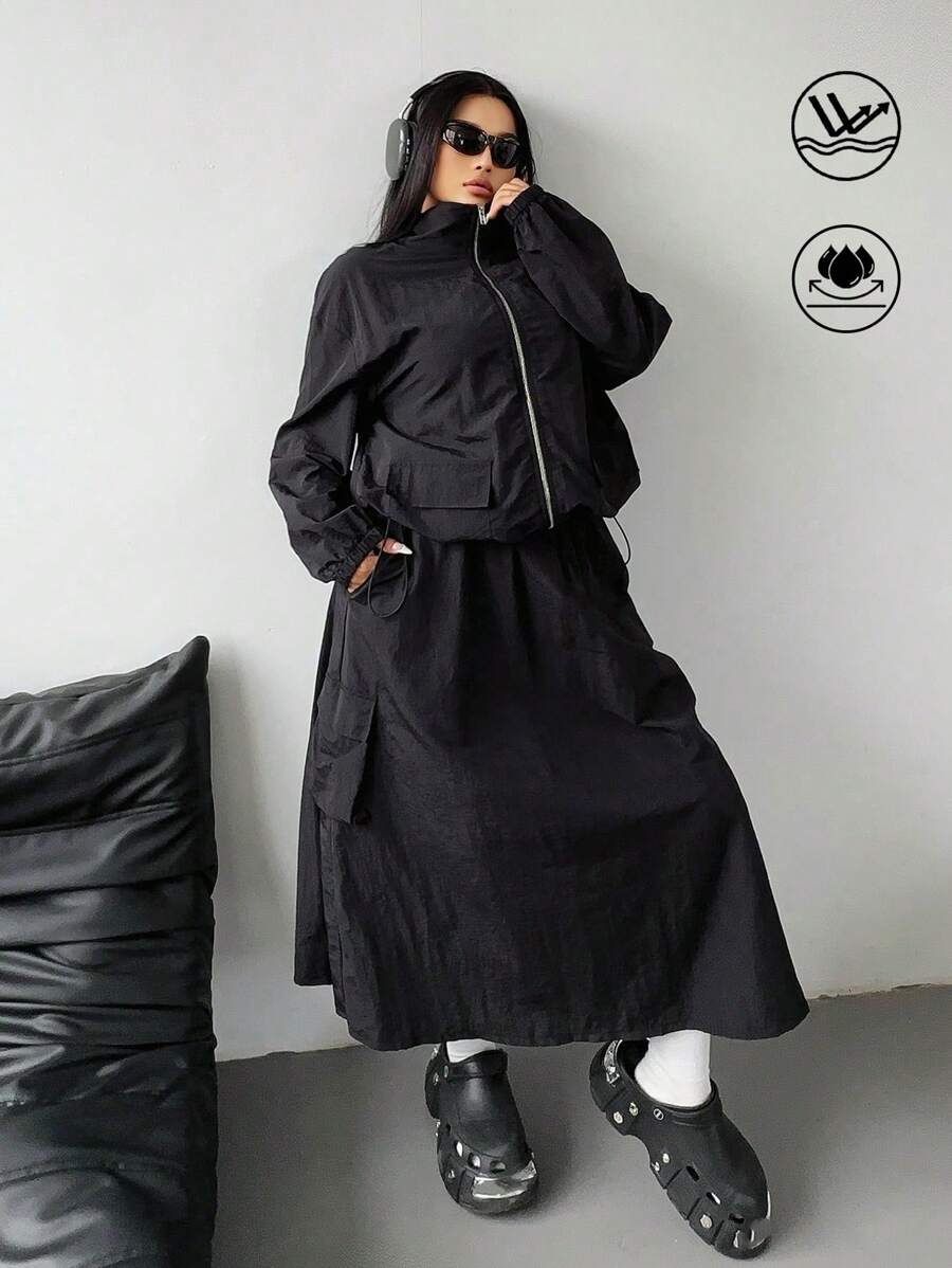 Flirla Plus Size Casual Sports Solid Color School Uniform Style Jacket And Mini Skirt 2 Pieces Set - Black - View 1