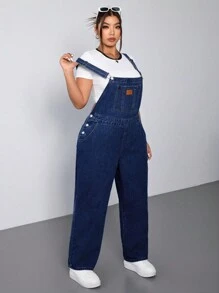 SHEIN ICON Plus Size Casual Washed Simple Denim Bib Overalls - Dark Wash - View 5