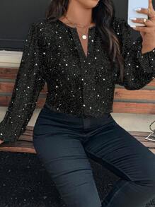SHEIN Clasi Camisa de talla grande de ajuste relajado, estilo minimalista y casual, con estampado de rhinestone falso en escote en V, apropiada para otoño/invierno