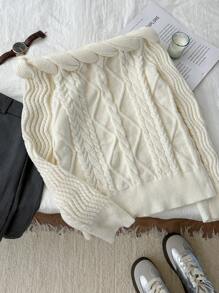 SHEIN Privé Plus Size Women Valentine's Day Apricot Unique Sexy Cable Knit Off Shoulder Sweater - Apricot - View 2
