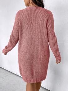 SHEIN Clasi Plus Size Solid Color Front Zip Up Knitted Sweater Dress, Casual For Autumn/Winter - Pink - View 2