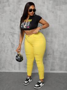 SHEIN SXY Plus Size Women Stretchy Yellow Distressed Skinny Jeans