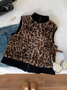 SHEIN EZwear 女式豹纹拉链无袖夹克，时尚百搭，秋冬