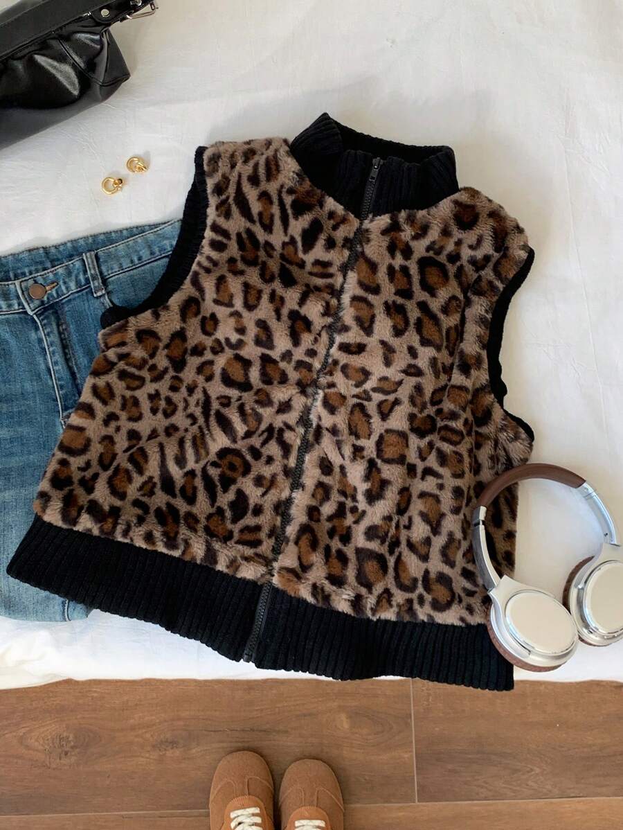 SHEIN EZwear 女式豹纹拉链无袖夹克，时尚百搭，秋冬