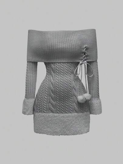 Kawaii Robe pull femme avec pendentif boule de fourrure, épaules dénudées, patchwork duveteux, décoration pour la Saint-Valentin