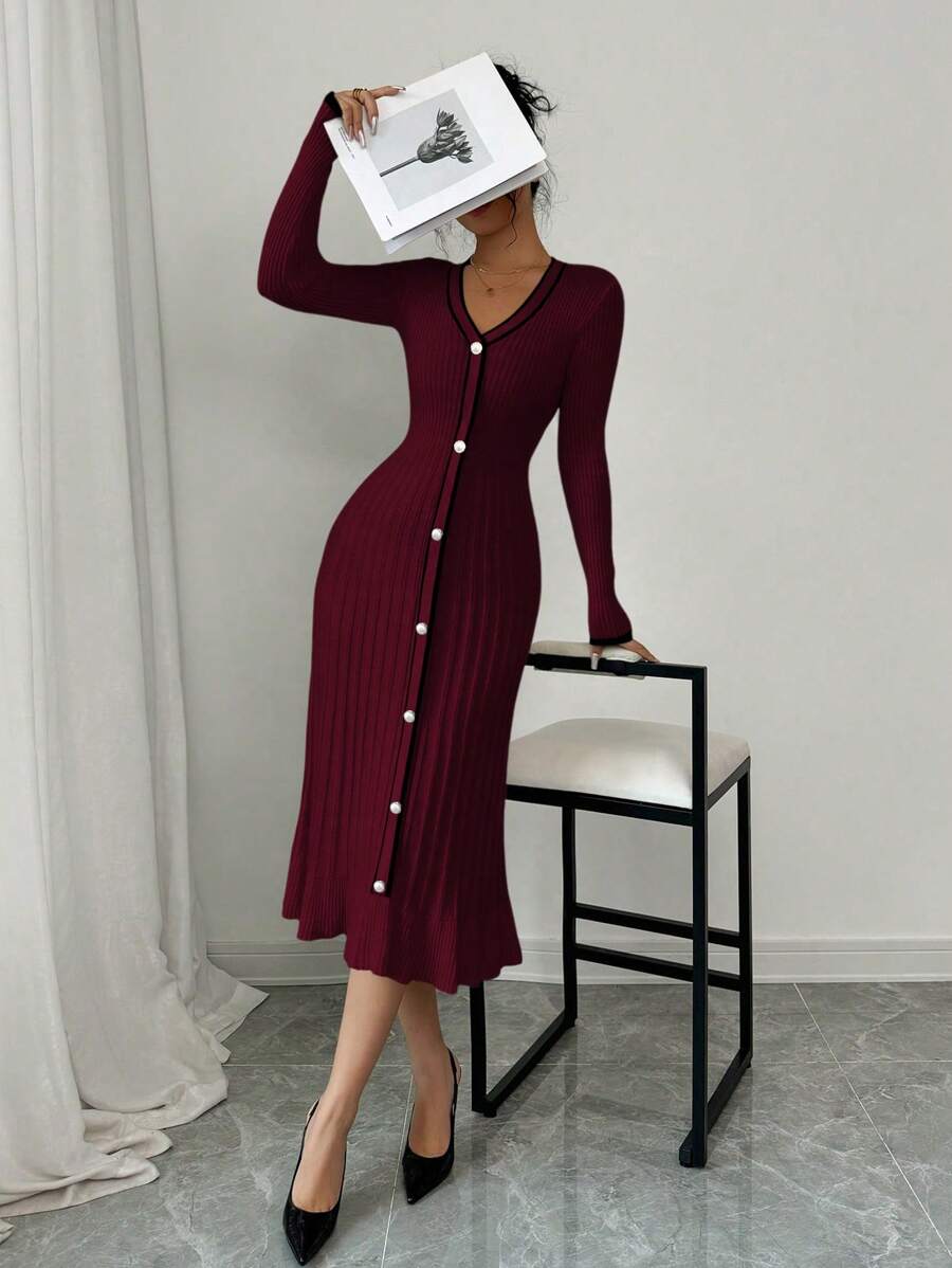 Selianne Women's V-Neck Long Sleeve Single-Breasted Fitted Elegant Sweater Dress, Autumn/Winter Fall Cloth For Women - Burgundy - View 1