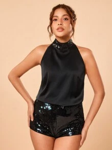 Cool Vibes Designer svart satin paljett mock hals med halsduk ärmlös lös ledig topp, gå ut, festival - Svart - Visa 4