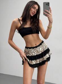 Aloruh Women's Leopard Print Mesh Patchwork Ruffle Hem Short Skirt - Black - View 6