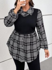 SHEIN LUNE Plus Size Women Clothing Women's Plaid Long Sleeve Casual Mock Layered TopBusiness Casual Woman