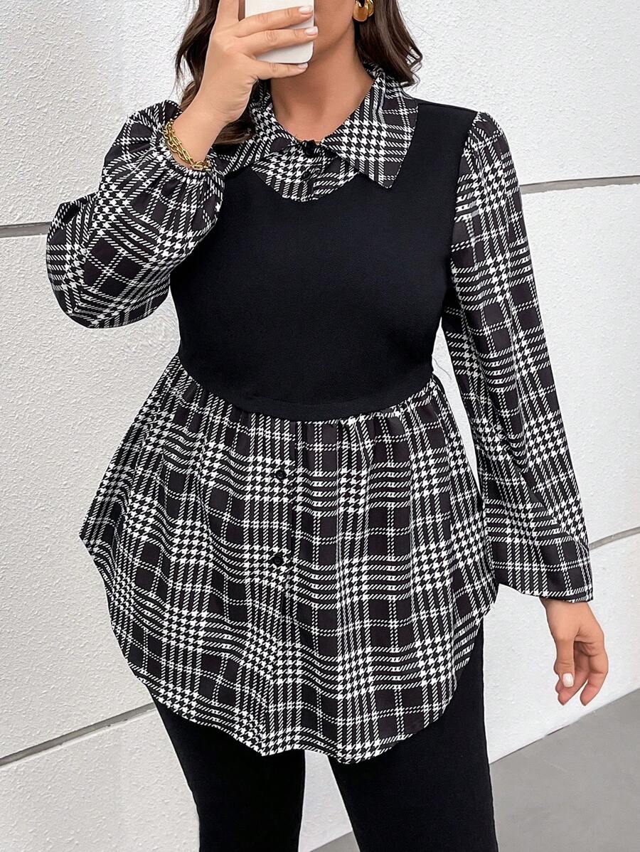 SHEIN LUNE Plus Size Women Clothing Women's Plaid Long Sleeve Casual Mock Layered TopBusiness Casual Woman