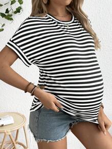 SHEIN Camiseta de maternidad de manga corta y corte holgado en color blanco con tela a rayas de estilo vacacional
