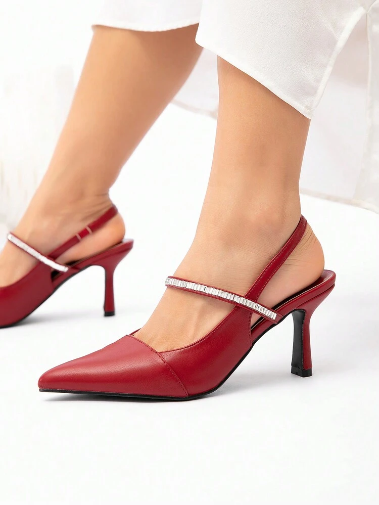 CUCCOO CHICEST Women's Elegant Pointed Toe Sparkly Strap Pumps, Romantic Sweet Faux Leather Mid-Heel Party/Date/Tea Shoes, Wine Red For Valentine's Day Spring Break Easter Prom Heels