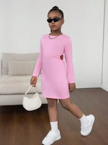 女童圆领长袖连衣裙，腰部侧镂空设计，简约百搭款式，适合休闲装、外出、情人节