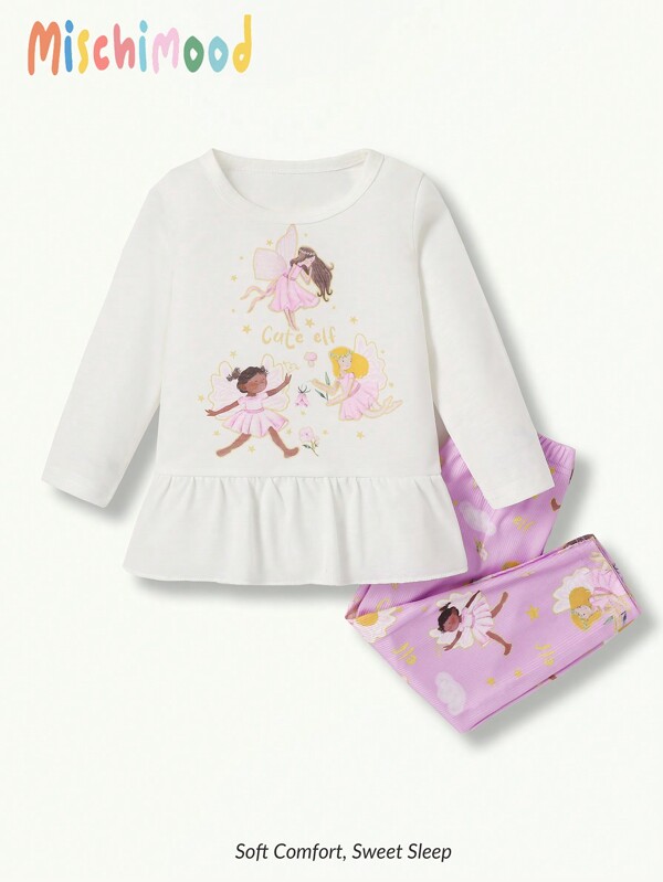 Baby Girls Cartoon Print Casual Long Sleeve Top And Pants 2pcs Outfit Set