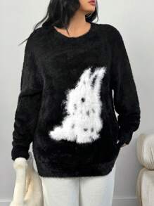 SHEIN EZwear Plus Size Crew Neck Thick Faux Fur Rabbit Cartoon Graphic Pullover Sweater For Autumn/Winter - Black and White - View 6