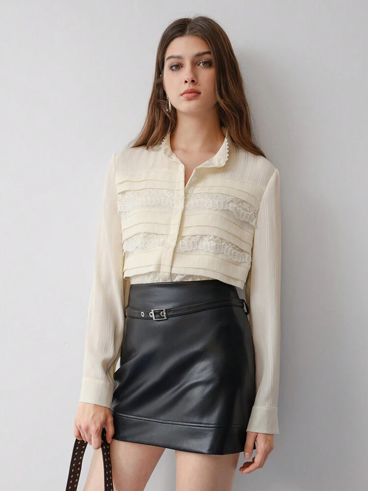 MOTF STUDIO LACE INSERT TEXTURED SATIN BUTTON UP LONG SLEEVE SHIRT