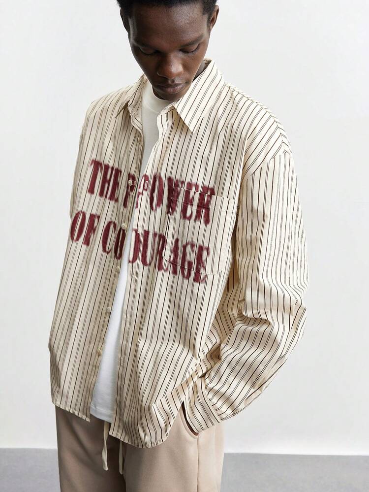 SHEIN Maija Men's Front-Mounted Printed Pattern Long-Sleeved Striped Front Button-Down Placket Fashionable Casual Daily Versatile Shirt Valentine's Day Date New Year Party