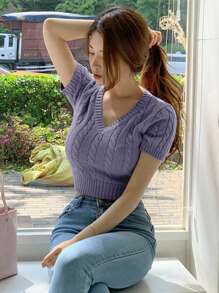 DAZY Women V-Neck Cable Knit Short Sleeve Crop Top, Light Grey-Purple, Spring/Summer
