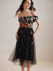 Anewsta Elegant Embellished 3D Floral Off Shoulder Waist Defined Fit And Flare Dress, Suitable For Summer, Sundress, Festival
