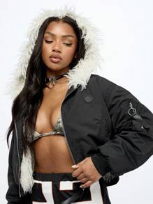 SUMWON WOMEN Winter Snow Fur Hood Bomber Flight Jacket Streetwear Padded Oversized Outerwear Warm Style Retro Y2K Crop Top Urban Aesthetic Casual