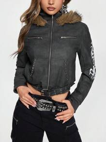 ROMWE Grunge Punk Veste ajustée sombre Yabi Y2K avec imprimé moelleux et totem, hiver - Noir - Voir 2