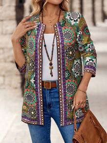 EMERY ROSE Women's Casual Retro Print Front Open Jacket For Holiday - Green - View 7