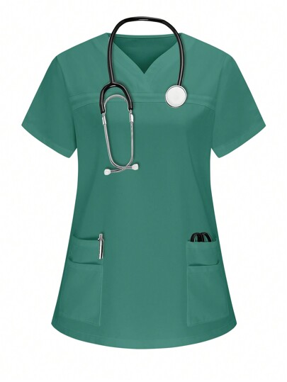 PopScrub Women Short Sleeve Dual Pocket Nurse Top Scrubs Uniform Top