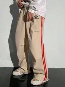 SHEIN Teen Boys Casual Loose Fit Khaki Pants With Oversized English Print, Sporty Street Stylish - Khaki - View 4