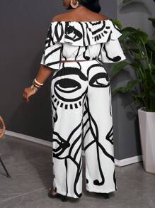 Slaydiva 2pcs Set: Plus Size Women Abstract Figure Print Off Shoulder Ruffle Hem Blouse & Wide-Leg Pants Casual Suit