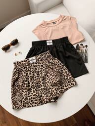 Comfortcana Set de 2 pantalones cortos sueltos de mujer con estampado de leopardo y negro liso