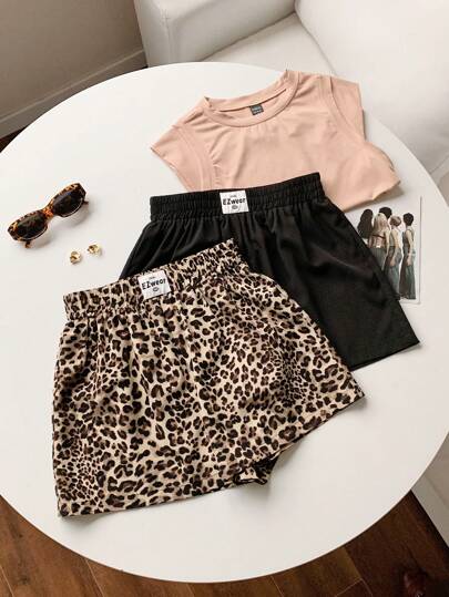 Comfortcana Set de 2 pantalones cortos sueltos de mujer con estampado de leopardo y negro liso