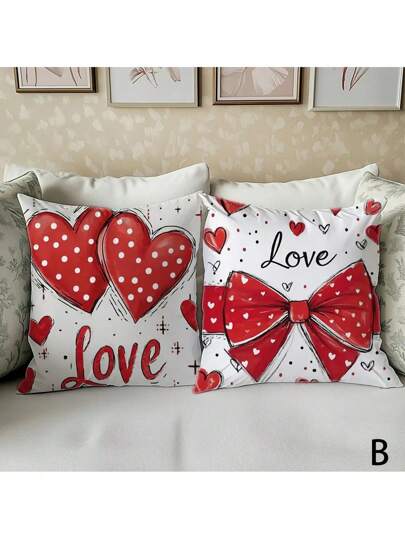 2 件情人节浪漫心形和糖果蝴蝶结抱枕套套装，可机洗，拉链封口 - 非常适合卧室和客厅装饰 - 无枕头、秋季装饰、秋季装饰、房间装饰
