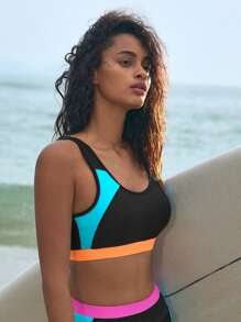 Swim SPRTY 2024 新款女士拼色运动泳衣，工字背心文胸上衣游泳训练休闲收腹泳装夏季