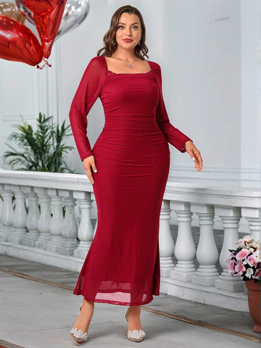 SHEIN Clasi Plus Size Women Square Neck Long Sleeve Mermaid Hem Slim Fit Elegant Dress - Burgundy - View 1