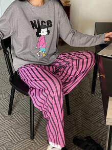 DAZY Spring Cute Cartoon Print Top & Striped Loose Pajama Pants Set - Grey - View 5
