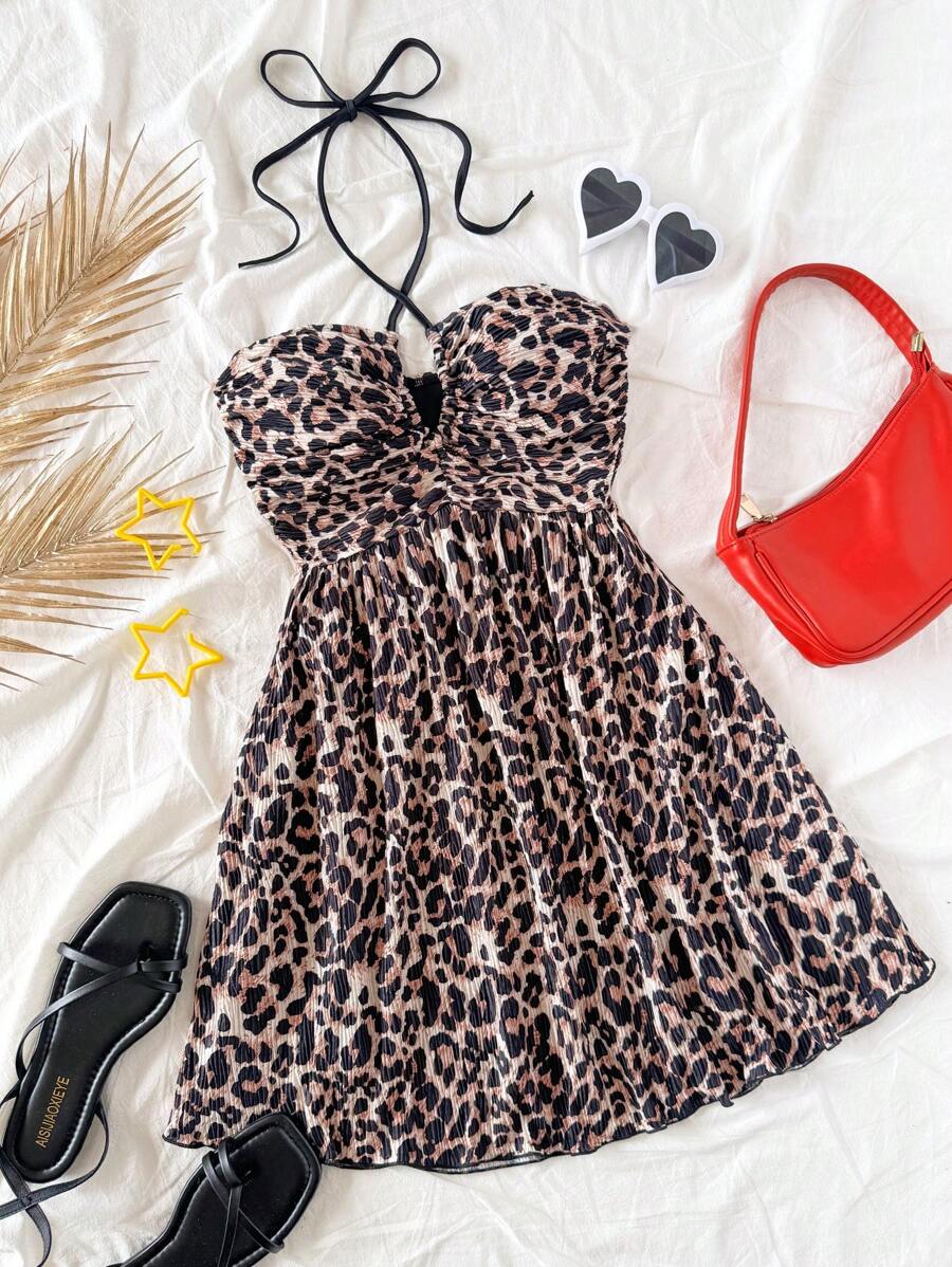 Soleia Women Retro Colorful Leopard Print Pleated Knitted V-Neck Halter Backless Tie-Waist A-Line Short Dress,Beige,Summer,70s,Party,Holiday Vacation Outfit - Multicolor - View 1