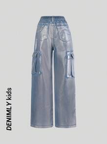 SHEIN Pantalones cargo plateados metálicos de estilo ciberpunk futurista con múltiples bolsillos 3D para adolescentes chicas