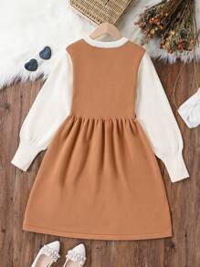 SHEIN Tween Girl Fashionable French Style Colorblock Bow Decorated Knit Sweater Dress, For Spring, Autumn And Winter - Khaki - View 2