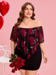 SHEIN Clasi Plus Size Solid Color Patchwork Off Shoulder Casual Mini Dress,Fashionable For Daily Wear&Valentine's Day Date & Party Dress