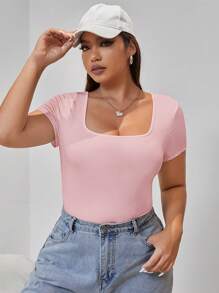 SHEIN EZwear Plus Solid Square Neck Short Sleeve Tee - Pink - View 5